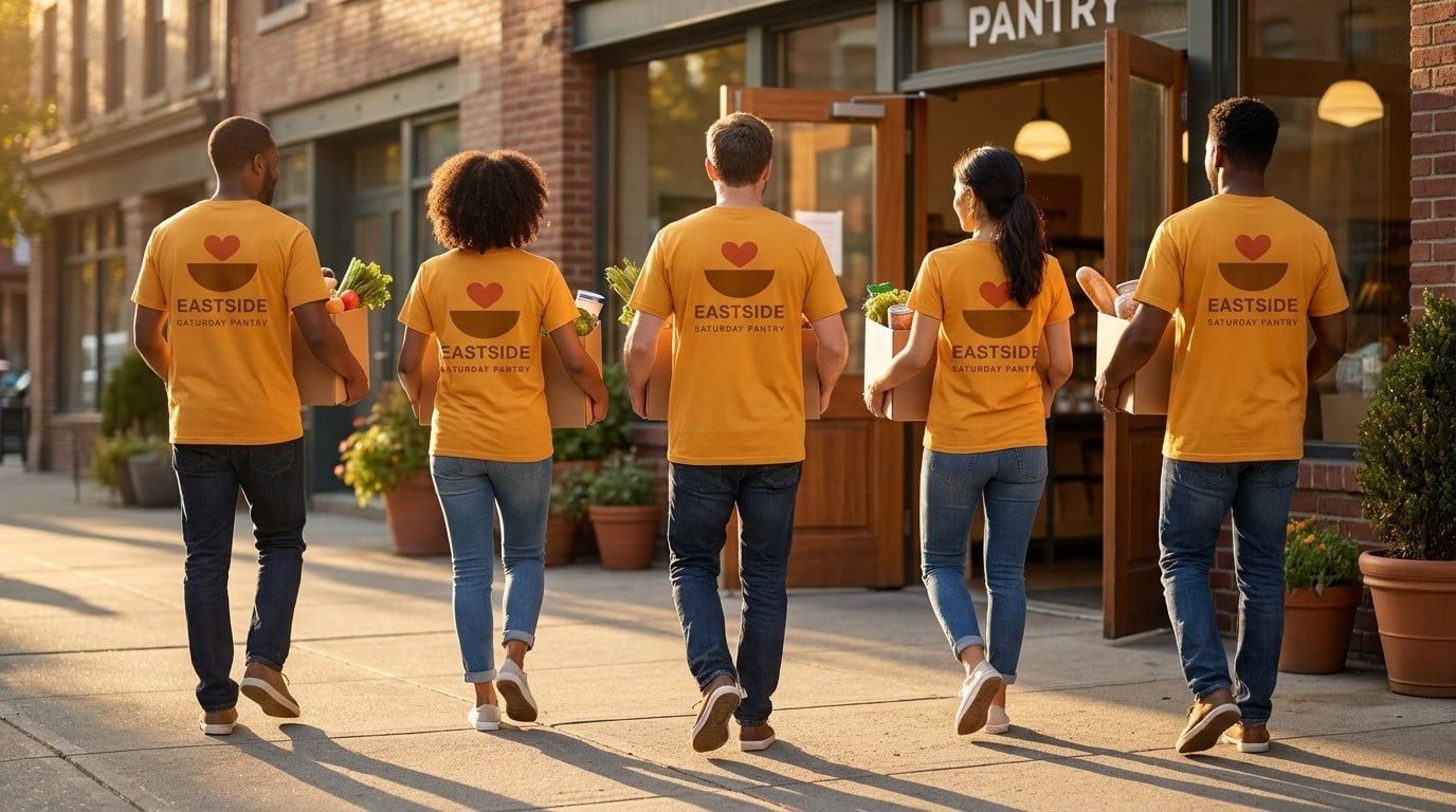 Volunteers in printed food-drive shirts carrying grocery boxes into a neighborhood pantry